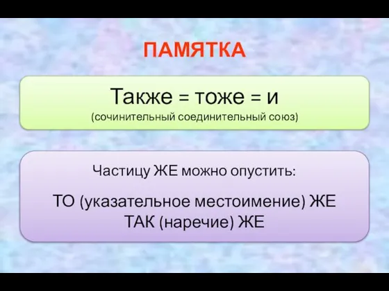 ПАМЯТКА Также = тоже = и (сочинительный соединительный союз) Частицу ЖЕ