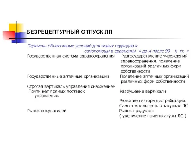 БЕЗРЕЦЕПТУРНЫЙ ОТПУСК ЛП Перечень объективных условий для новых подходов к самопомощи