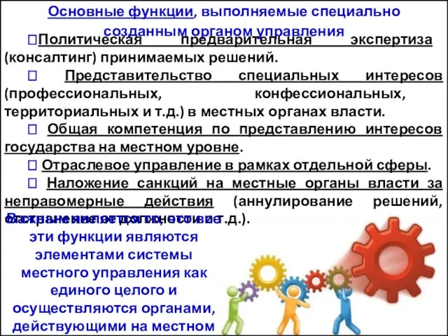 Основные функции, выполняемые специально созданным органом управления ⮚Политическая предварительная экспертиза (консалтинг)