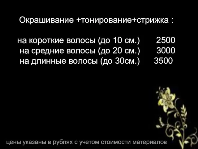 Окрашивание +тонирование+стрижка : на короткие волосы (до 10 см.) 2500 на