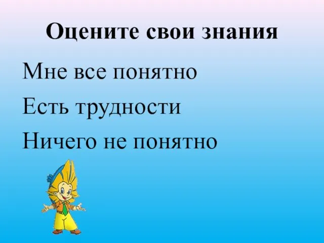 Оцените свои знания Мне все понятно Есть трудности Ничего не понятно