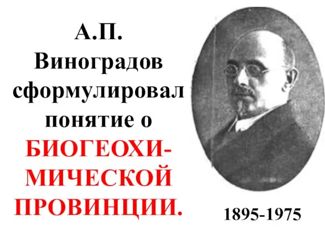 А.П. Виноградов сформулировал понятие о БИОГЕОХИ-МИЧЕСКОЙ ПРОВИНЦИИ. 1895-1975