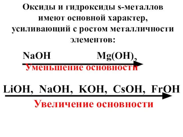 Оксиды и гидроксиды s-металлов имеют основной характер, усиливающий с ростом металличности