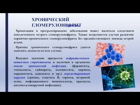 ХРОНИЧЕСКИЙ ГЛОМЕРУЛОНЕФРИТ Причины Хронизация и прогрессирование заболевания может являться следствием неизлеченного