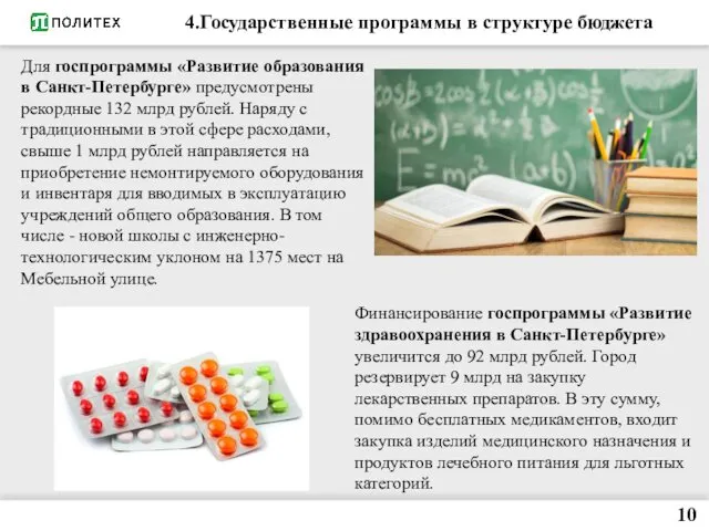 4.Государственные программы в структуре бюджета Для госпрограммы «Развитие образования в Санкт-Петербурге»