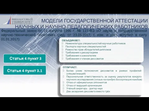 МОДЕЛИ ГОСУДАРСТВЕННОЙ АТТЕСТАЦИИ НАУЧНЫХ И НАУЧНО-ПЕДАГОГИЧЕСКИХ РАБОТНИКОВ Федеральный закон от 23