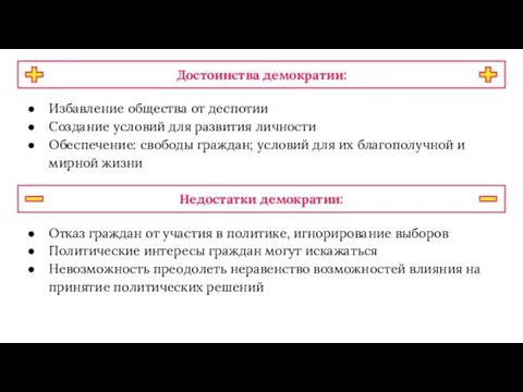 Достоинства демократии: Избавление общества от деспотии Создание условий для развития личности