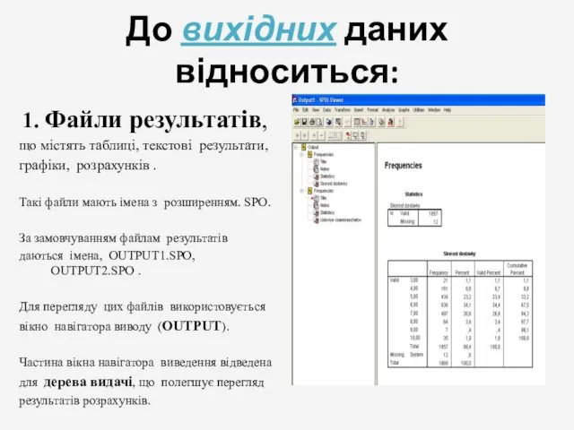 До вихідних даних відноситься: 1. Файли результатів, що містять таблиці, текстові