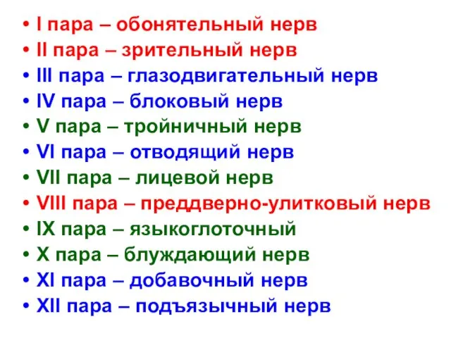 I пара – обонятельный нерв II пара – зрительный нерв III