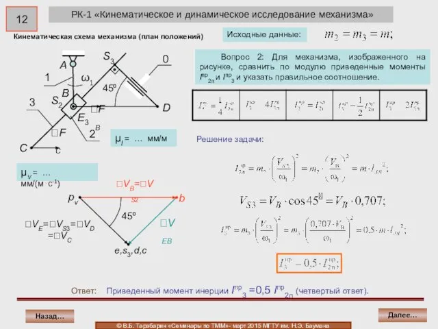 РК-1 «Кинематическое и динамическое исследование механизма» Ответ: Приведенный момент инерции Iпр3