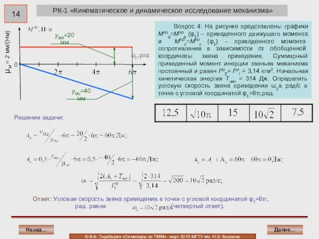 РК-1 «Кинематическое и динамическое исследование механизма» Решение задачи: Далее… Назад… ©