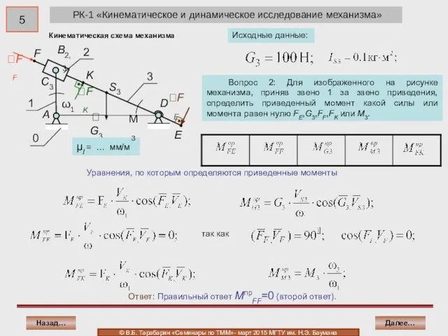 РК-1 «Кинематическое и динамическое исследование механизма» Уравнения, по которым определяются приведенные