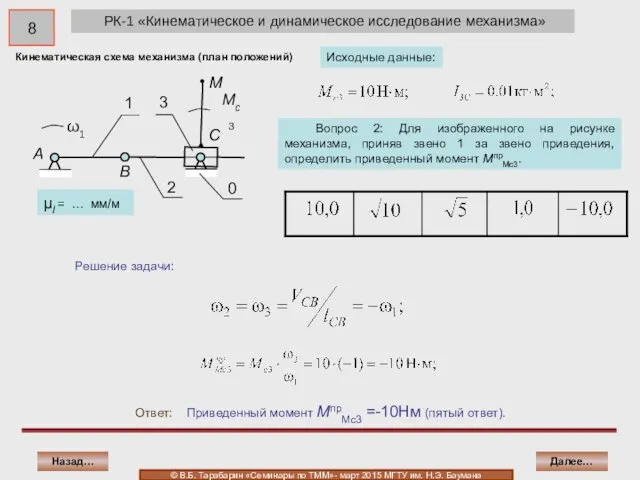 РК-1 «Кинематическое и динамическое исследование механизма» Ответ: Приведенный момент MпрMc3 =-10Нּм