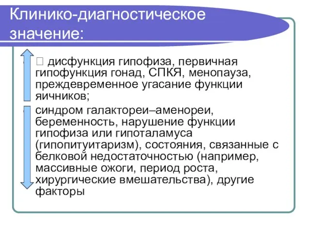 Клинико-диагностическое значение:  дисфункция гипофиза, первичная гипофункция гонад, СПКЯ, менопауза, преждевременное