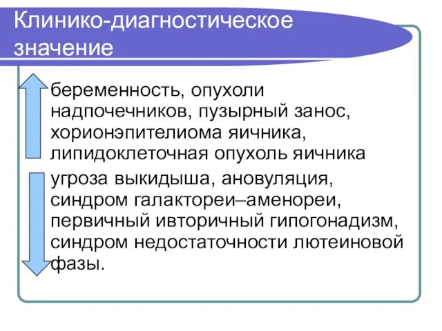 Клинико-диагностическое значение беременность, опухоли надпочечников, пузырный занос, хорионэпителиома яичника, липидоклеточная опухоль