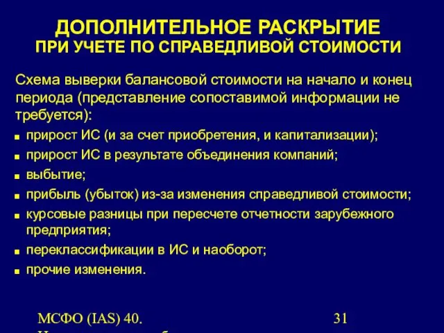 МСФО (IAS) 40. Инвестиционная собственность. Схема выверки балансовой стоимости на начало