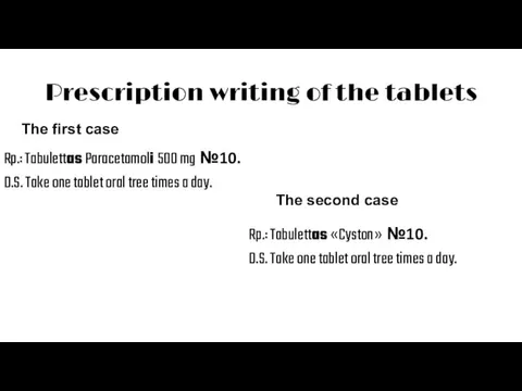 Prescription writing of the tablets The first case Rp.: Tabulettas Paracetamoli