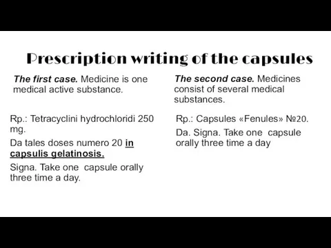Prescription writing of the capsules The first case. Medicine is one