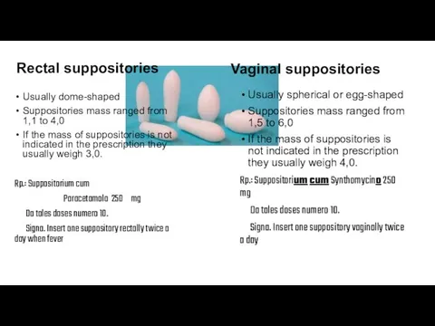 Rectal suppositories Usually dome-shaped Suppositories mass ranged from 1,1 to 4,0