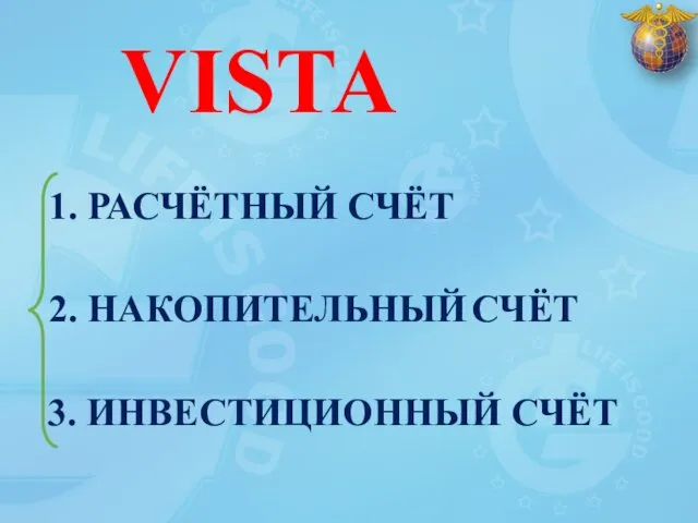 VISTA 1. РАСЧЁТНЫЙ СЧЁТ 2. НАКОПИТЕЛЬНЫЙ СЧЁТ 3. ИНВЕСТИЦИОННЫЙ СЧЁТ