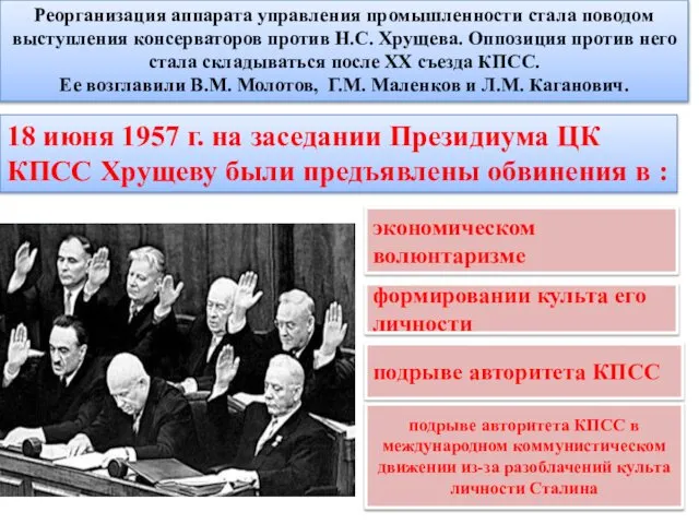 Реорганизация аппарата управления промышленности стала поводом выступления консерваторов против Н.С. Хрущева.