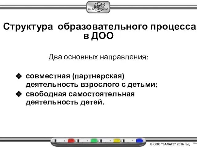 Структура образовательного процесса в ДОО Два основных направления: совместная (партнерская) деятельность