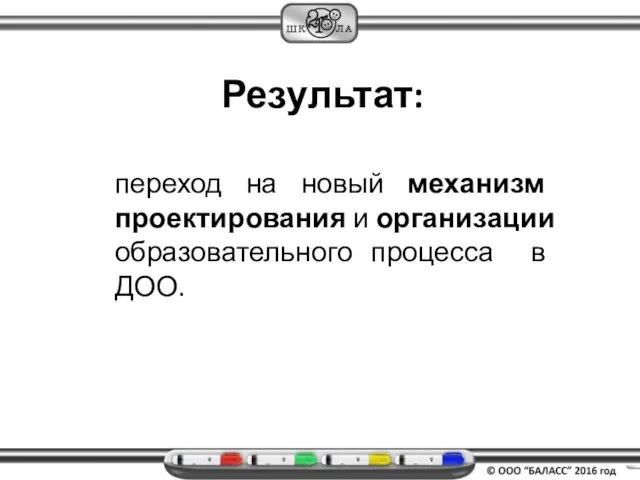 Результат: переход на новый механизм проектирования и организации образовательного процесса в ДОО.