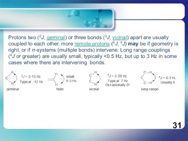 Protons two (2J, geminal) or three bonds (3J, vicinal) apart are