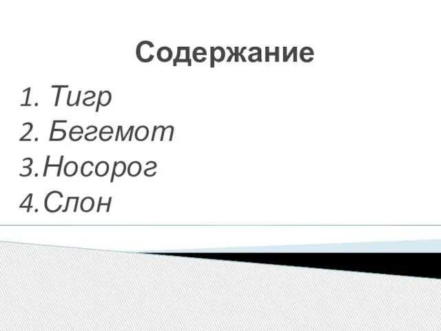 Содержание 1. Тигр 2. Бегемот 3.Носорог 4.Слон