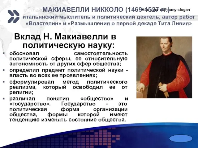 МАКИАВЕЛЛИ НИККОЛО (1469-1527 гг.) – итальянский мыслитель и политический деятель, автор