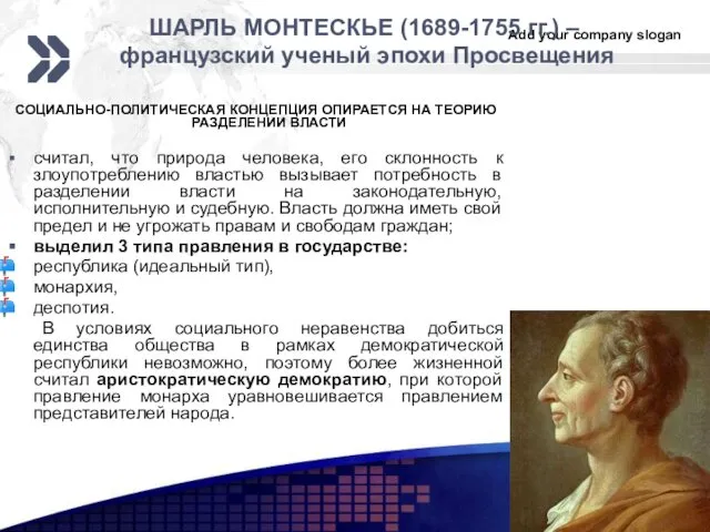 ШАРЛЬ МОНТЕСКЬЕ (1689-1755 гг.) – французский ученый эпохи Просвещения СОЦИАЛЬНО-ПОЛИТИЧЕСКАЯ КОНЦЕПЦИЯ