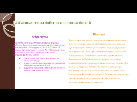 АІИ этиологиясы бойынша екі топқа бөледі: Облигатты Облигатты-патогенді микроағзалардың қоздыруы бойынша.