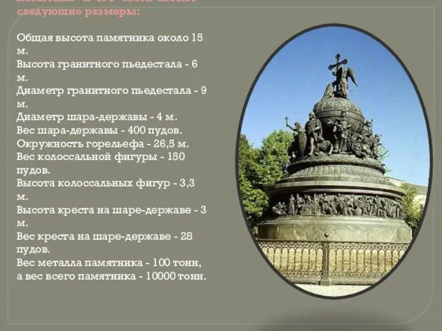 Памятник и его части имеют следующие размеры: Общая высота памятника около