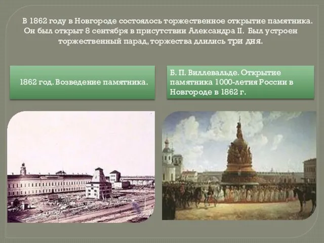 В 1862 году в Новгороде состоялось торжественное открытие памятника. Он был