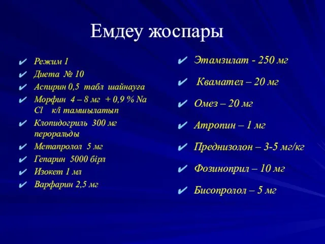 Емдеу жоспары Режим 1 Диета № 10 Аспирин 0,5 табл шайнауға