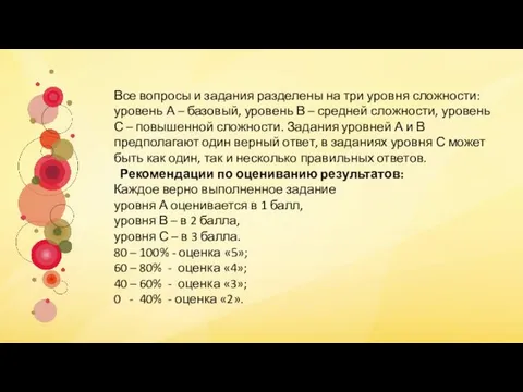 Все вопросы и задания разделены на три уровня сложности: уровень А