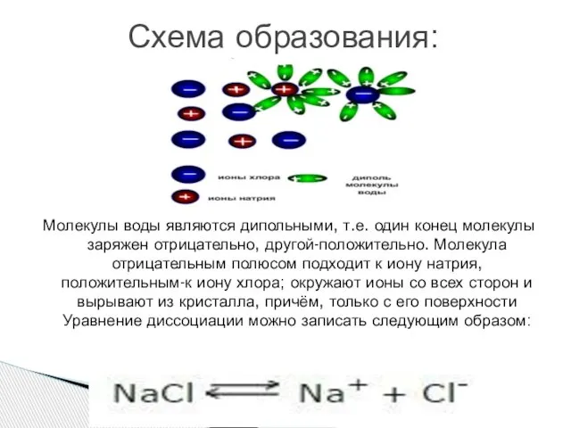 Молекулы воды являются дипольными, т.е. один конец молекулы заряжен отрицательно, другой-положительно.