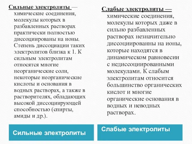 Сильные электролиты Слабые электролиты Сильные электролиты — химические соединения, молекулы которых