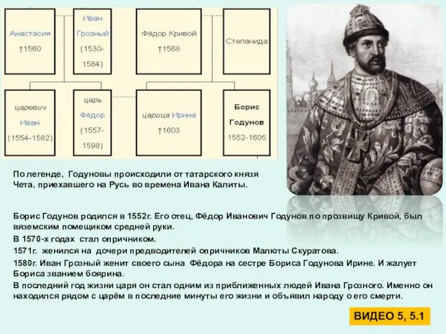 Борис Годунов родился в 1552г. Его отец, Фёдор Иванович Годунов по
