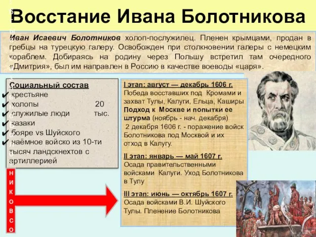 Восстание Ивана Болотникова Иван Исаевич Болотников холоп-послужилец. Пленен крымцами, продан в