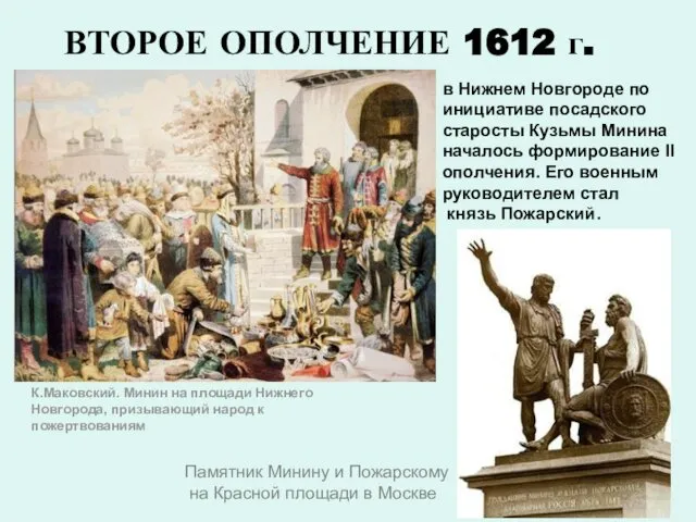 ВТОРОЕ ОПОЛЧЕНИЕ 1612 г. К.Маковский. Минин на площади Нижнего Новгорода, призывающий