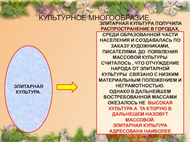 КУЛЬТУРНОЕ МНОГООБРАЗИЕ. ЭЛИТАРНАЯ КУЛЬТУРА. ЭЛИТАРНАЯ КУЛЬТУРА ПОЛУЧИЛА РАСПРОСТРАНЕНИЕ В ГОРОДАХ, СРЕДИ