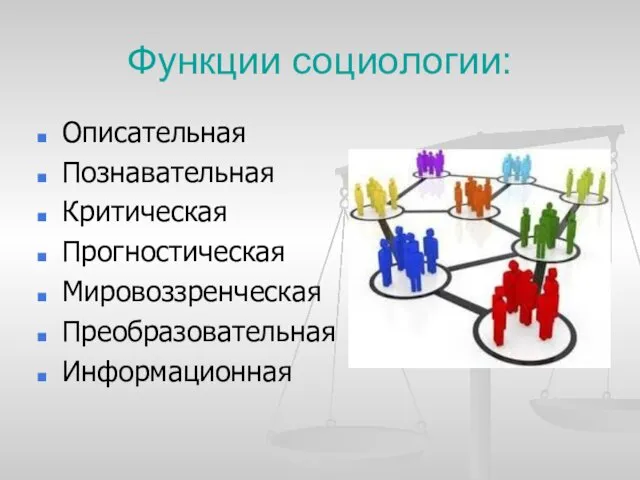 Функции социологии: Описательная Познавательная Критическая Прогностическая Мировоззренческая Преобразовательная Информационная