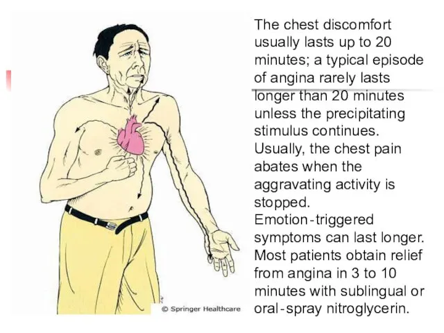 The chest discomfort usually lasts up to 20 minutes; a typical