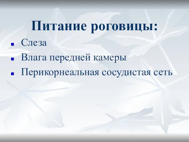 Питание роговицы: Слеза Влага передней камеры Перикорнеальная сосудистая сеть