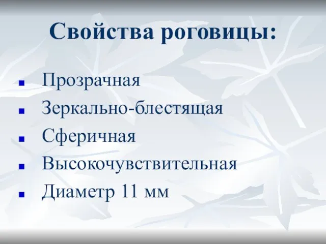 Свойства роговицы: Прозрачная Зеркально-блестящая Сферичная Высокочувствительная Диаметр 11 мм