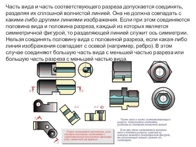 Часть вида и часть соответствующего разреза допускается соединять, разделяя их сплошной