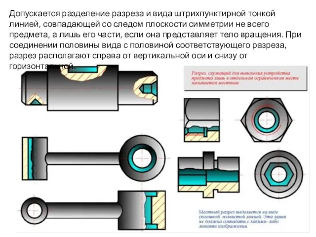 Допускается разделение разреза и вида штрихпунктирной тонкой линией, совпадающей со следом