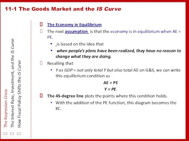 11-1 The Goods Market and the IS Curve The Keynesian Cross