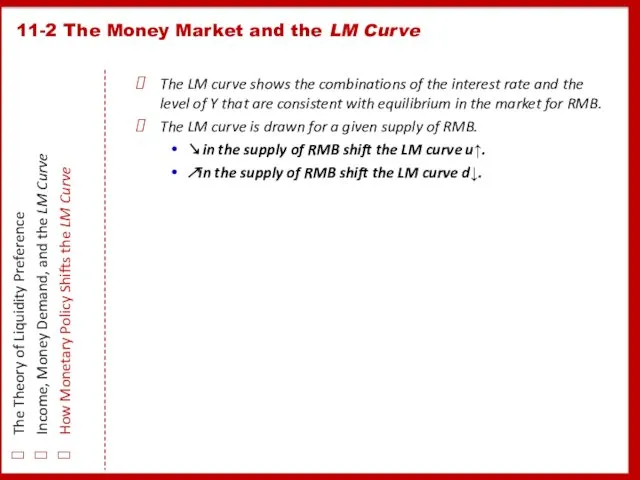 The LM curve shows the combinations of the interest rate and